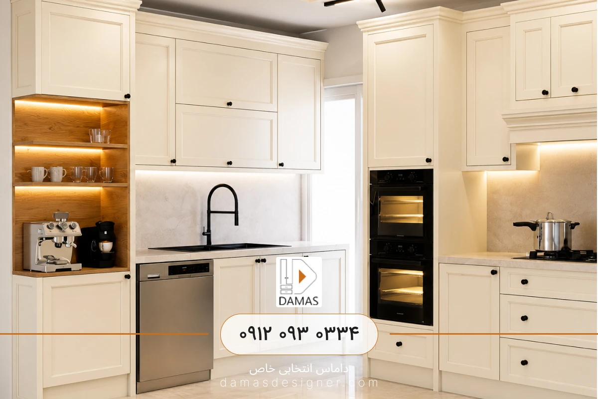 طراحی کابینت نئوکلاسیک با جزیره در کرج